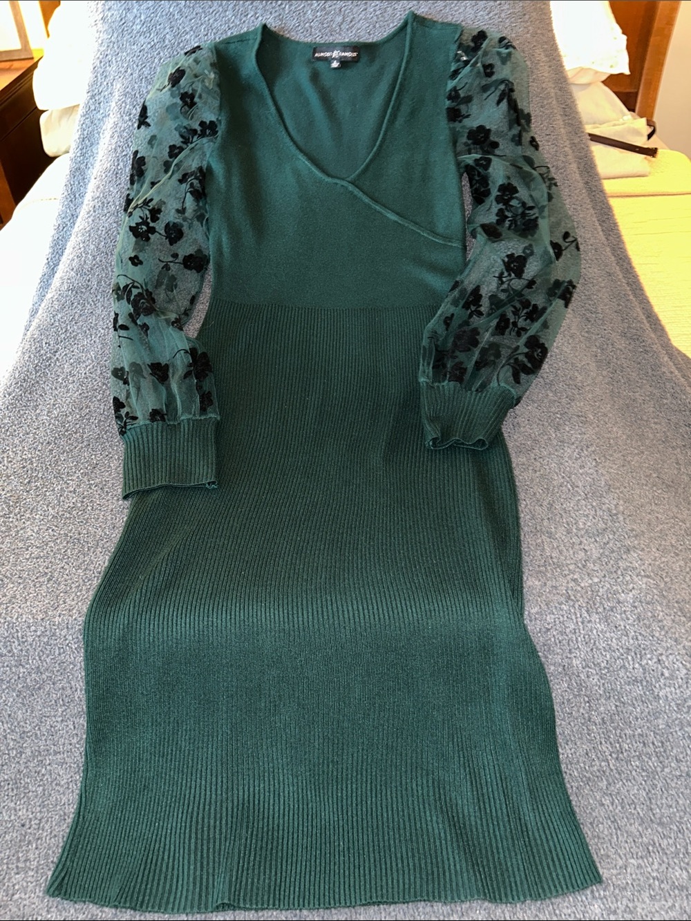 Almost Famous Emerald Green Knit Midi Dress with Sheer Floral Sleeves
